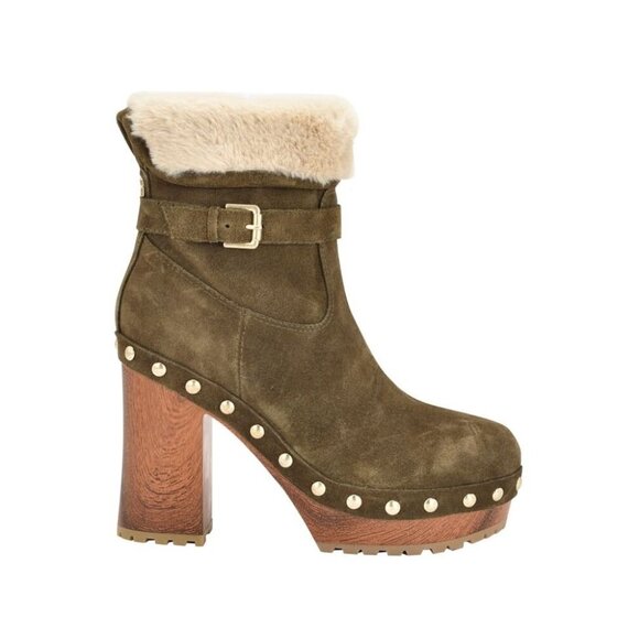 Guess Women’s Leather Green Suede Booties Faux Fur & Studded Block Heel Size 9.5 - Picture 4 of 9